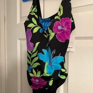 New Retro 80s one piece, black on the bottom w/ blue, purple & green floral top.